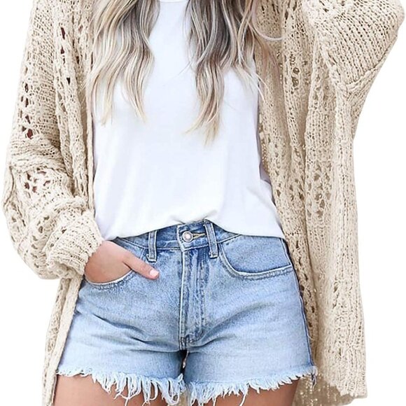 Women's Crochet Cardigan Kimono Boho Long Sleeve Lightweight Soft Oversized Open - Picture 1 of 3
